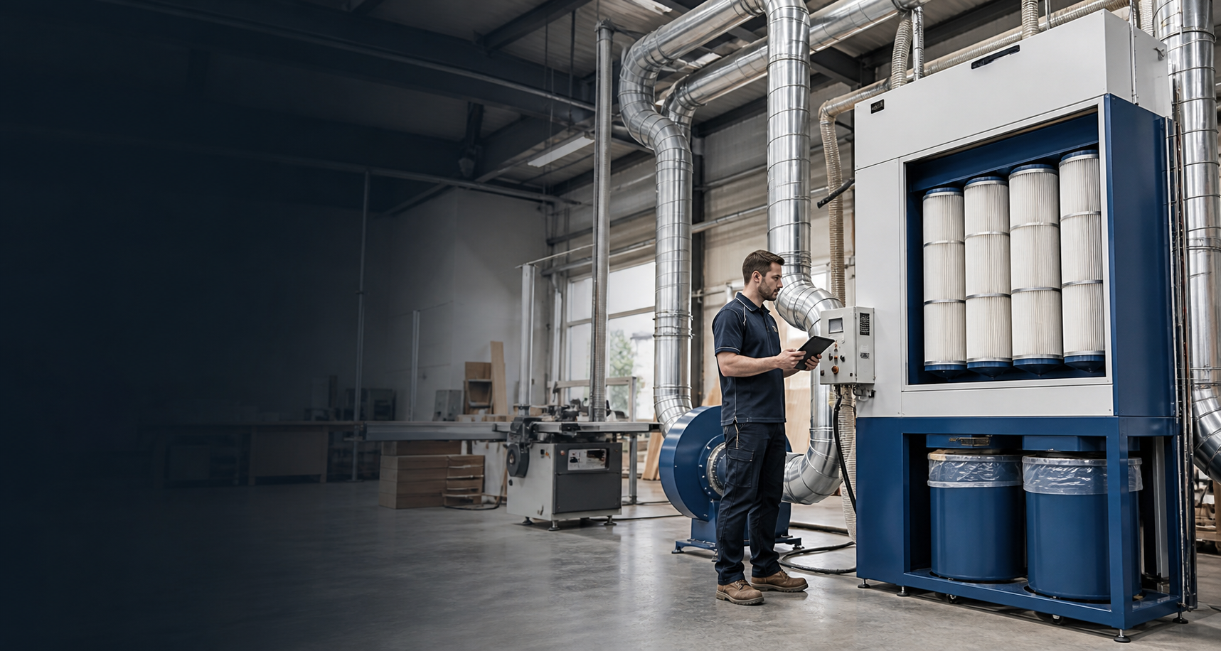 Industrial dust extractor and ducting inspected by a service technician