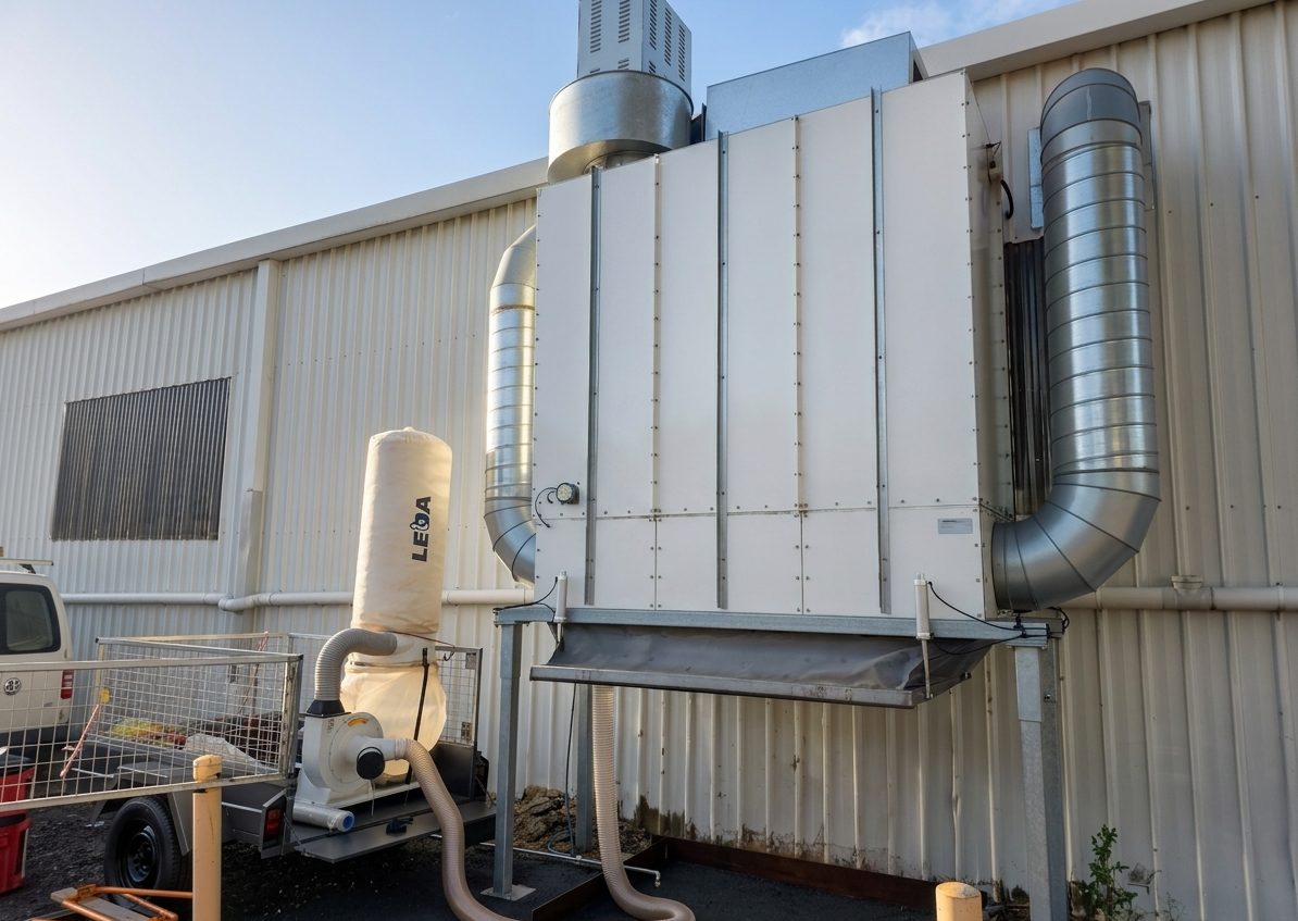 On-site dust extractor servicing setup with industrial dust collector and temporary service equipment