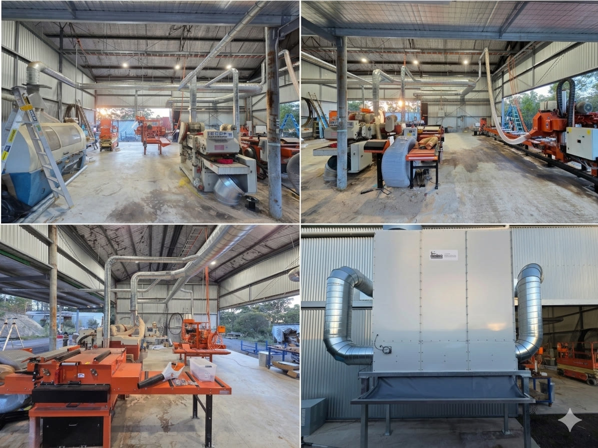 Collage of a regional Victoria milling shed dust extraction installation showing overhead ducting, workshop machinery connections and the outdoor dust collector unit